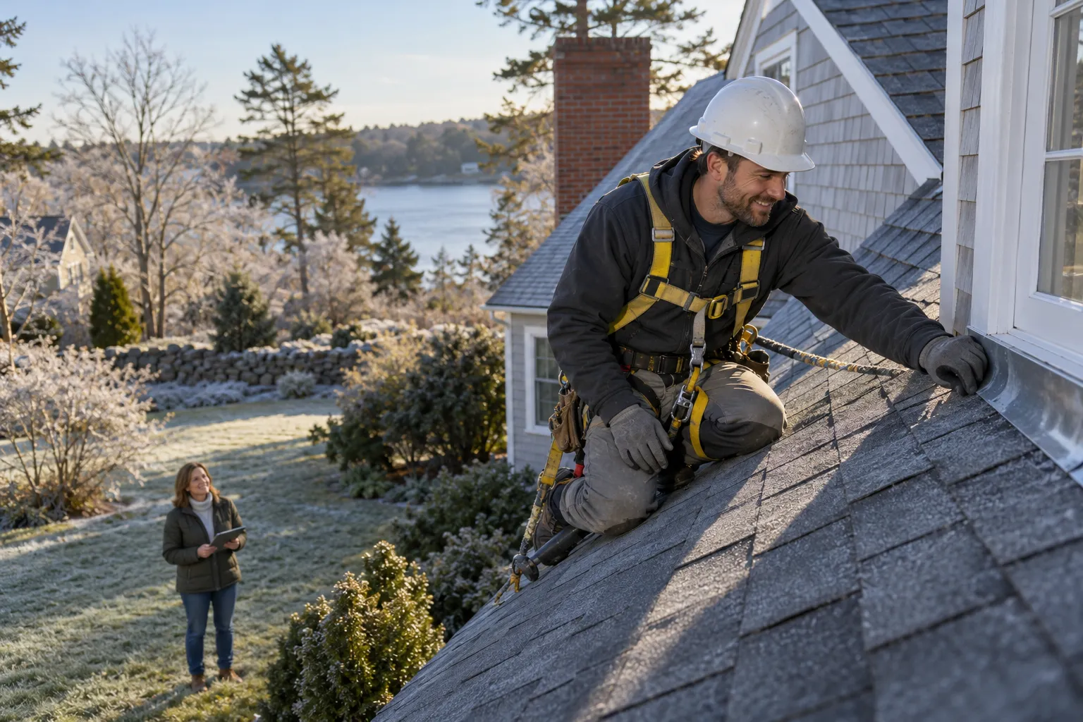 Friendly roofing provider checking shingles on a home near Gloucester in the Gloucester area