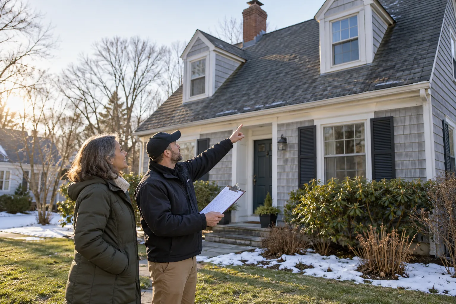 Homeowner and a roofing provider looking up at a house roof together in the Gloucester area